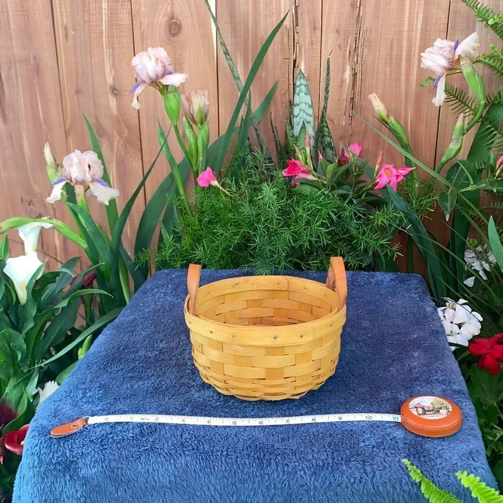 Circular basket with plastic insert and leather handles by Longaberger